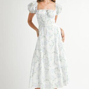 Rachel Blue Floral Print Puff Sleeve Midi Dress (S)| Easter Church Dress